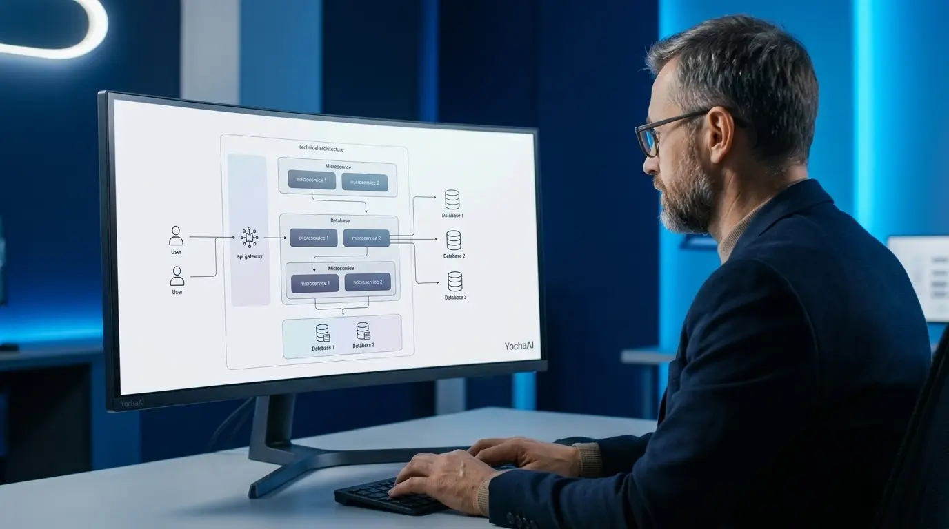 Founder reviewing system architecture on a large monitor