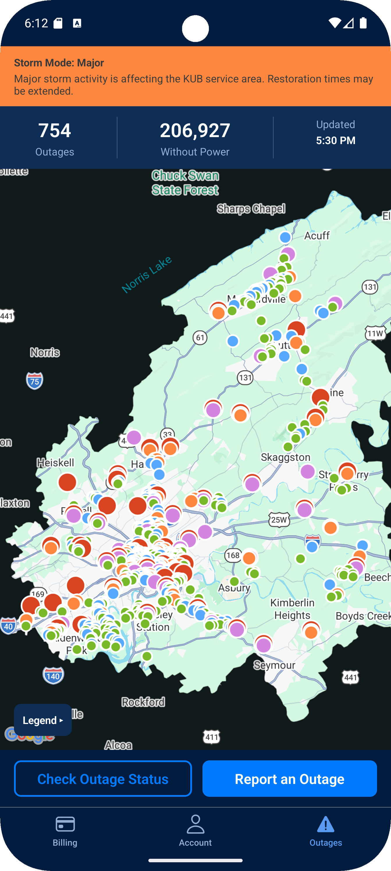 KUB mobile outage map and reporting controls