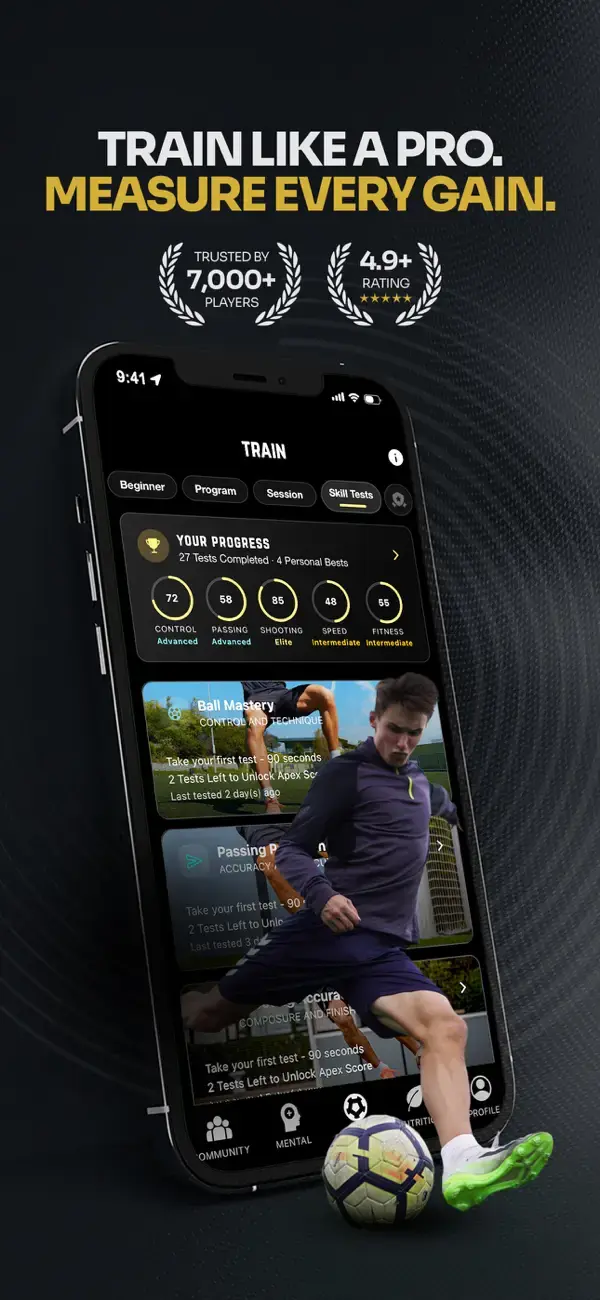 Official NSP Soccer App Store preview featuring training, skill tracking, and a soccer player