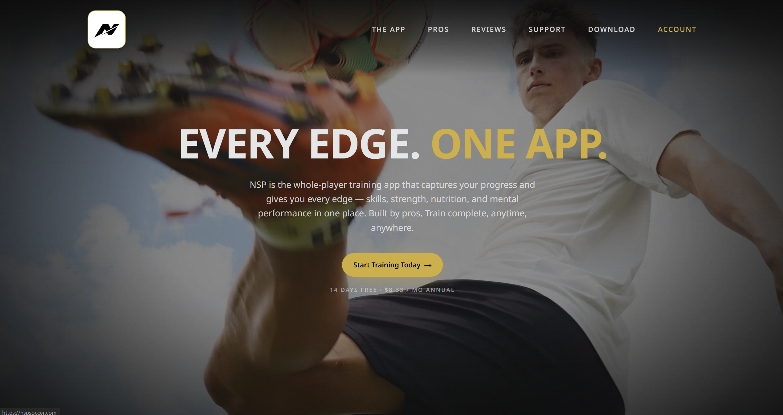 NSP Soccer website showcasing its whole-player training app